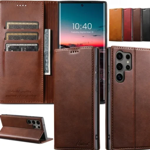 Phone Case For S25 S24 S23 Ultra Plus S22 Plus Ultra Back Cover with Stand Holder Magnetic Card Slot Retro PC PU Leather