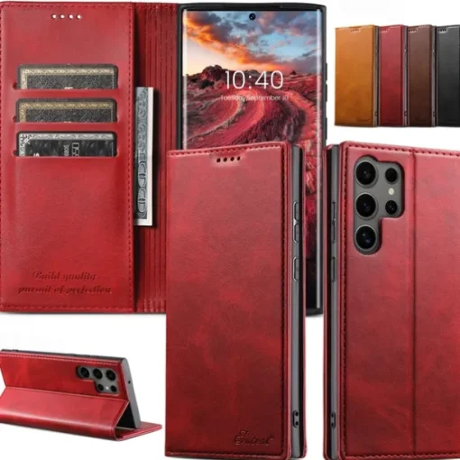 Phone Case For S25 S24 S23 Ultra Plus S22 Plus Ultra Back Cover with Stand Holder Magnetic Card Slot Retro PC PU Leather