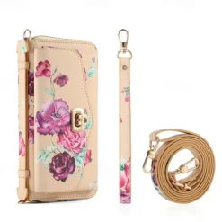 Phone Case For S24 S23 Ultra Plus S22 Back Cover Wallet Case Zipper with Lanyard with Wrist Strap Retro TPU PU Leather
