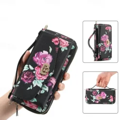 Phone Case For S24 S23 Ultra Plus S22 Back Cover Wallet Case Zipper with Lanyard with Wrist Strap Retro TPU PU Leather