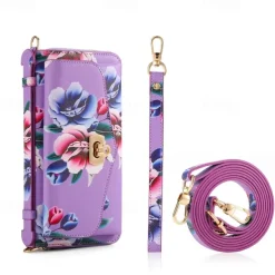 Phone Case For S24 S23 Ultra Plus S22 Back Cover Wallet Case Zipper with Lanyard with Wrist Strap Retro TPU PU Leather