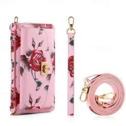 Phone Case For S24 S23 Ultra Plus S22 Back Cover Wallet Case Zipper with Lanyard with Wrist Strap Retro TPU PU Leather