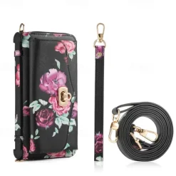 Phone Case For S24 S23 Ultra Plus S22 Back Cover Wallet Case Zipper with Lanyard with Wrist Strap Retro TPU PU Leather