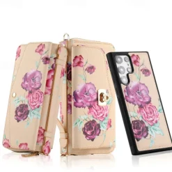 Phone Case For S24 S23 Ultra Plus S22 Back Cover Wallet Case Zipper with Lanyard with Wrist Strap Retro TPU PU Leather