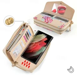 Phone Case For S24 S23 Ultra Plus S22 Back Cover Wallet Case Zipper with Lanyard with Wrist Strap Retro TPU PU Leather