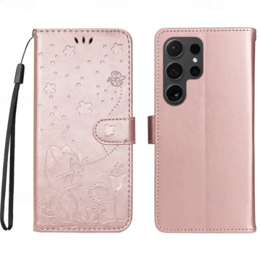 Phone Case For Samsung Galaxy S25 S24 S23 S23 FE S22 S21 Ultra Plus A55 5G A35 5G A25 A15 Wallet Case Magnetic Full Body Protective with Wrist Strap Cat Bee TPU PU Leather