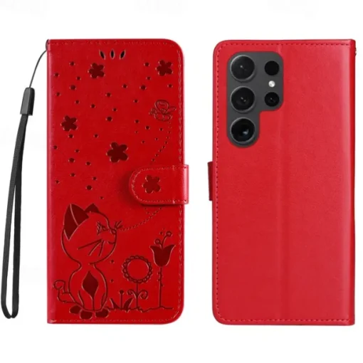 Phone Case For Samsung Galaxy S25 S24 S23 S23 FE S22 S21 Ultra Plus A55 5G A35 5G A25 A15 Wallet Case Magnetic Full Body Protective with Wrist Strap Cat Bee TPU PU Leather