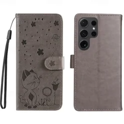 Phone Case For Samsung Galaxy S25 S24 S23 S23 FE S22 S21 Ultra Plus A55 5G A35 5G A25 A15 Wallet Case Magnetic Full Body Protective with Wrist Strap Cat Bee TPU PU Leather