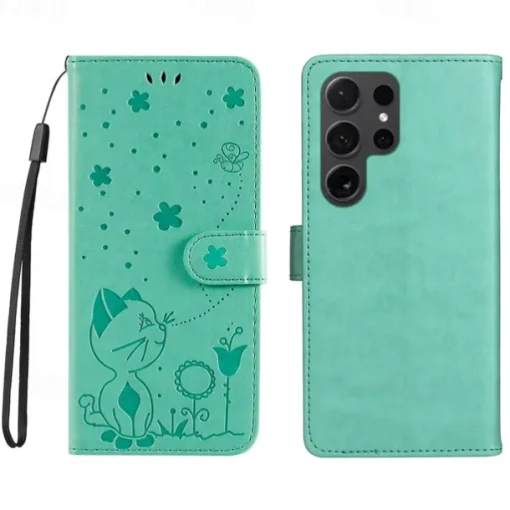 Phone Case For Samsung Galaxy S25 S24 S23 S23 FE S22 S21 Ultra Plus A55 5G A35 5G A25 A15 Wallet Case Magnetic Full Body Protective with Wrist Strap Cat Bee TPU PU Leather