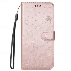 Phone Case For Samsung Galaxy S25 S24 S23 S23 FE S22 S21 Ultra Plus A55 5G A35 5G A25 A15 Wallet Case Magnetic Full Body Protective with Wrist Strap Cat Bee TPU PU Leather
