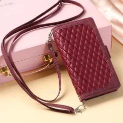 Phone Case For Samsung Galaxy S25 S24 S23 S22 S21 FE S21 Ultra Plus A14 A34 A54 A73 Handbag Purse Wallet Case Zipper with Removable Cross Body Strap With Card Holder Solid Colored Geometric Pattern