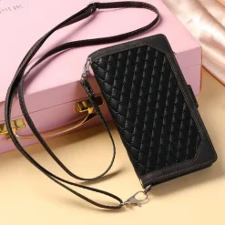 Phone Case For Samsung Galaxy S25 S24 S23 S22 S21 FE S21 Ultra Plus A14 A34 A54 A73 Handbag Purse Wallet Case Zipper with Removable Cross Body Strap With Card Holder Solid Colored Geometric Pattern