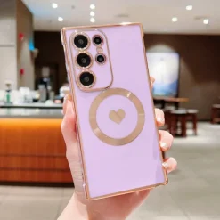 Phone Case For Samsung Galaxy S25 S24 S23 S23 FE S22 S21 Ultra Plus Back Cover Support Wireless Charging Shockproof Heart TPU Plating