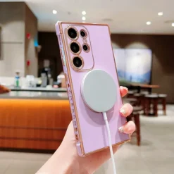 Phone Case For Samsung Galaxy S25 S24 S23 S23 FE S22 S21 Ultra Plus Back Cover Support Wireless Charging Shockproof Heart TPU Plating