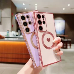 Phone Case For Samsung Galaxy S25 S24 S23 S23 FE S22 S21 Ultra Plus Back Cover Support Wireless Charging Shockproof Heart TPU Plating