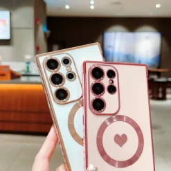 Phone Case For Samsung Galaxy S25 S24 S23 S23 FE S22 S21 Ultra Plus Back Cover Support Wireless Charging Shockproof Heart TPU Plating