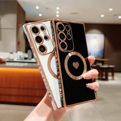 Phone Case For Samsung Galaxy S25 S24 S23 S23 FE S22 S21 Ultra Plus Back Cover Support Wireless Charging Shockproof Heart TPU Plating