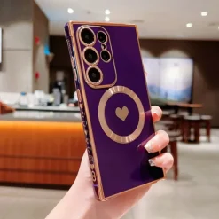 Phone Case For Samsung Galaxy S25 S24 S23 S23 FE S22 S21 Ultra Plus Back Cover Support Wireless Charging Shockproof Heart TPU Plating