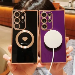 Phone Case For Samsung Galaxy S25 S24 S23 S23 FE S22 S21 Ultra Plus Back Cover Support Wireless Charging Shockproof Heart TPU Plating