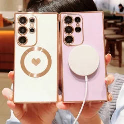 Phone Case For Samsung Galaxy S25 S24 S23 S23 FE S22 S21 Ultra Plus Back Cover Support Wireless Charging Shockproof Heart TPU Plating