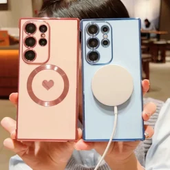 Phone Case For Samsung Galaxy S25 S24 S23 S23 FE S22 S21 Ultra Plus Back Cover Support Wireless Charging Shockproof Heart TPU Plating