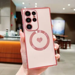 Phone Case For Samsung Galaxy S25 S24 S23 S23 FE S22 S21 Ultra Plus Back Cover Support Wireless Charging Shockproof Heart TPU Plating