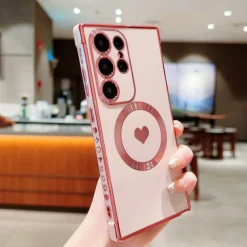 Phone Case For Samsung Galaxy S25 S24 S23 S23 FE S22 S21 Ultra Plus Back Cover Support Wireless Charging Shockproof Heart TPU Plating