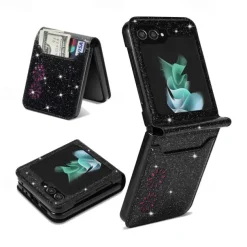 Phone Case For Samsung Galaxy Z Flip 7 Z Flip 6 Z Flip 5 Z Flip 4 Z Flip 3 Flip Cover Bling Glitter Shiny Card Slot Shockproof Retro sky PC PU Leather