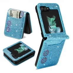 Phone Case For Samsung Galaxy Z Flip 7 Z Flip 6 Z Flip 5 Z Flip 4 Z Flip 3 Flip Cover Bling Glitter Shiny Card Slot Shockproof Retro sky PC PU Leather