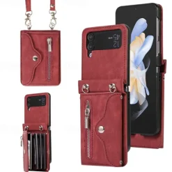 Phone Case For Samsung Galaxy Z Flip 7 Z Flip 6 Z Flip 5 Z Flip 4 Z Flip 3 Handbag Purse Wallet Case Flip Zipper with Removable Cross Body Strap Solid Colored PC PU Leather