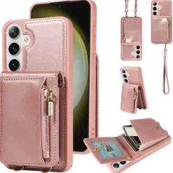 Phone Case For Samsung Galaxy S25 S24 S23 S22 S21 Ultra Plus Wallet Case Zipper with Lanyard with Wrist Strap Retro TPU PU Leather