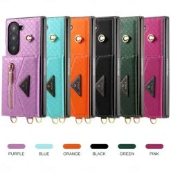 Phone Case For Samsung Galaxy Z Fold 6 Wallet Case with Stand Holder Zipper with Lanyard Retro Genuine Leather TPU