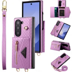 Phone Case For Samsung Galaxy Z Fold 6 Wallet Case with Stand Holder Zipper with Lanyard Retro Genuine Leather TPU