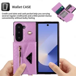 Phone Case For Samsung Galaxy Z Fold 6 Wallet Case with Stand Holder Zipper with Lanyard Retro Genuine Leather TPU
