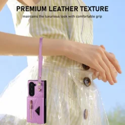 Phone Case For Samsung Galaxy Z Fold 6 Wallet Case with Stand Holder Zipper with Lanyard Retro Genuine Leather TPU