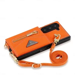 Phone Case For Samsung Galaxy Z Fold 6 Wallet Case with Stand Holder Zipper with Lanyard Retro Genuine Leather TPU