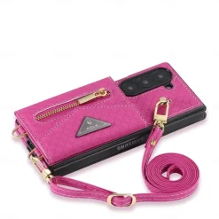 Phone Case For Samsung Galaxy Z Fold 6 Wallet Case with Stand Holder Zipper with Lanyard Retro Genuine Leather TPU