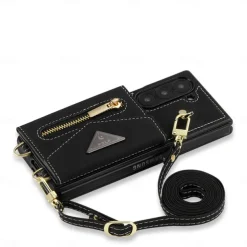 Phone Case For Samsung Galaxy Z Fold 6 Wallet Case with Stand Holder Zipper with Lanyard Retro Genuine Leather TPU