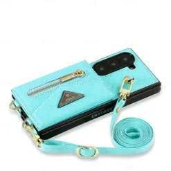 Phone Case For Samsung Galaxy Z Fold 6 Wallet Case with Stand Holder Zipper with Lanyard Retro Genuine Leather TPU