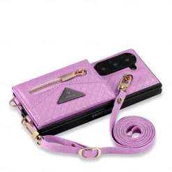 Phone Case For Samsung Galaxy Z Fold 6 Wallet Case with Stand Holder Zipper with Lanyard Retro Genuine Leather TPU
