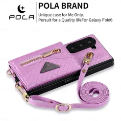 Phone Case For Samsung Galaxy Z Fold 6 Wallet Case with Stand Holder Zipper with Lanyard Retro Genuine Leather TPU
