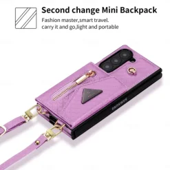 Phone Case For Samsung Galaxy Z Fold 6 Wallet Case with Stand Holder Zipper with Lanyard Retro Genuine Leather TPU