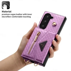 Phone Case For Samsung Galaxy Z Fold 6 Wallet Case with Stand Holder Zipper with Lanyard Retro Genuine Leather TPU