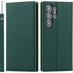 Phone Case For Samsung Galaxy S25 S24 S23 Ultra Plus S22 Plus Ultra S20 S20 FE Wallet Case with Wrist Strap Kickstand Card Slot Retro Genuine Leather TPU