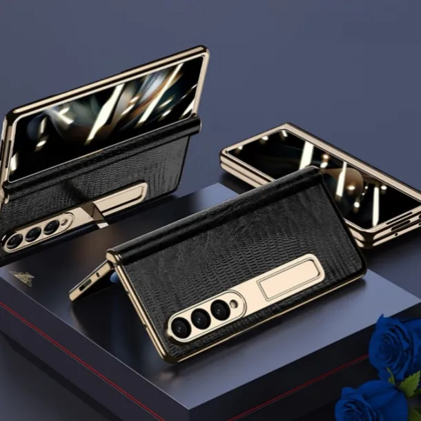 Phone Case For Samsung Galaxy Z Fold 5 Z Fold 4 Z Fold 3 Kickstand Shockproof Genuine Leather