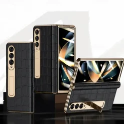Phone Case For Samsung Galaxy Z Fold 5 Z Fold 4 Z Fold 3 Kickstand Shockproof Genuine Leather