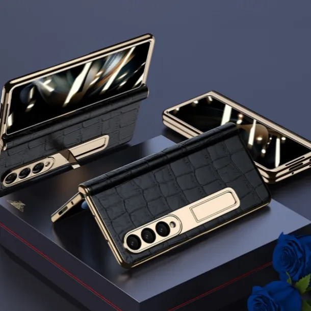 Phone Case For Samsung Galaxy Z Fold 5 Z Fold 4 Z Fold 3 Kickstand Shockproof Genuine Leather