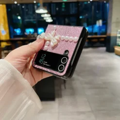 Phone Case For Samsung Galaxy Z Flip 7 Z Flip 6 Z Flip 5 Z Flip 4 Z Flip 3 for Women Girl Bling Glitter Shiny Shockproof Bow tie TPU