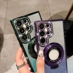 Phone Case For Samsung Galaxy S25 S24 S23 Ultra Plus S22 Plus Ultra Back Cover Magnetic Adsorption with Stand Holder Support Wireless Charging Bling Glitter Shiny TPU