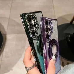 Phone Case For Samsung Galaxy S25 S24 S23 Ultra Plus S22 Plus Ultra Back Cover Magnetic Adsorption with Stand Holder Support Wireless Charging Bling Glitter Shiny TPU